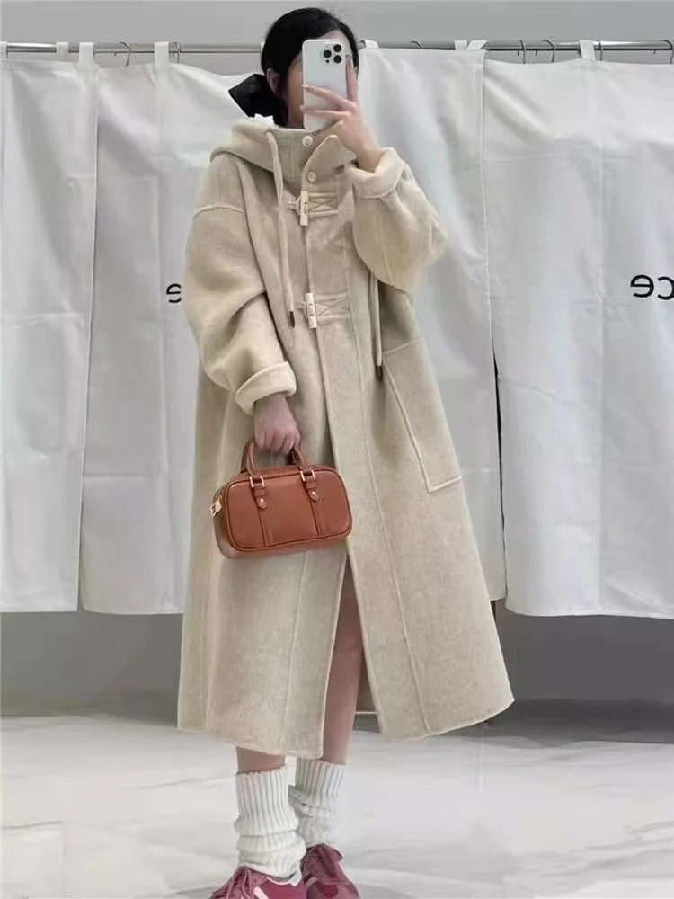 

plus Size Extra Large 300 Pou Women's Long over Knee Woolen Coat with Horn Buttons Autumn Winter Loose Fit Ins Sle