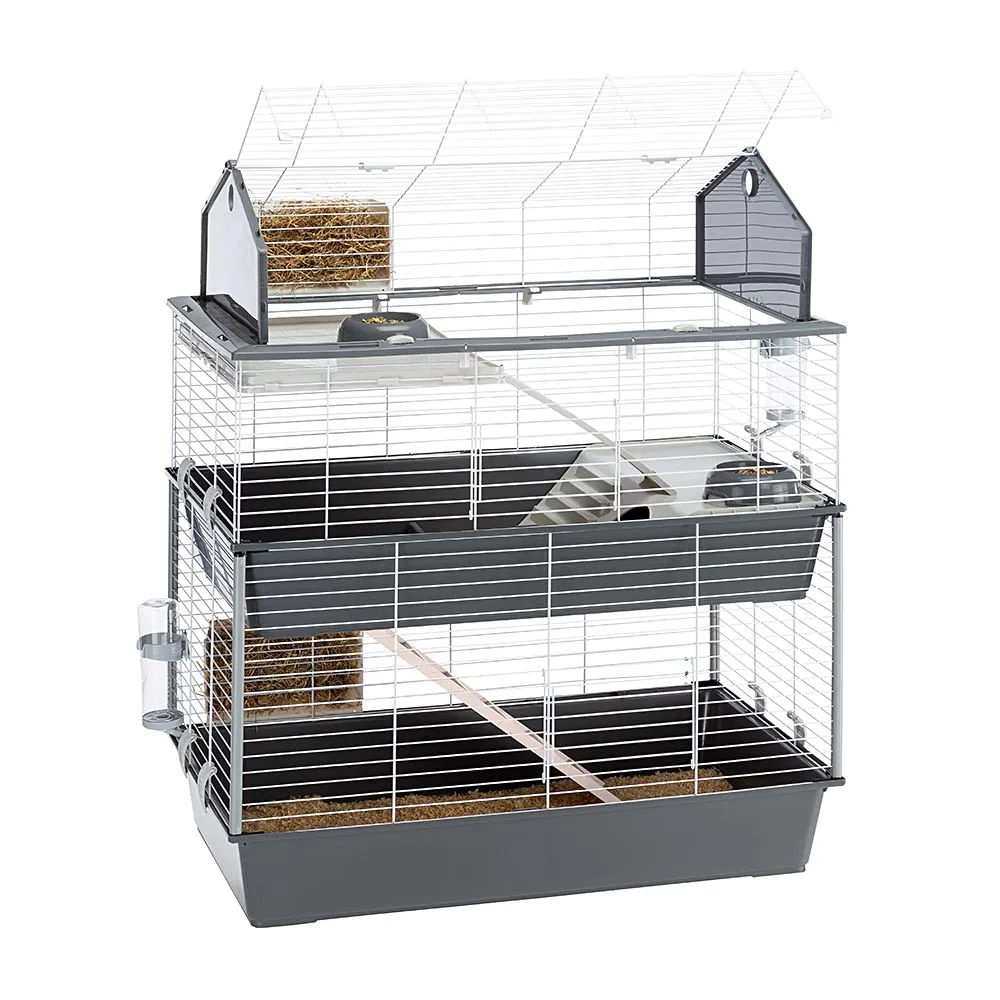 Ferplast BARN 100 DOUBLE Cage for Rabbits and Small Animals with 3 Floors, Opening Roof, Accessories and Stickers Included