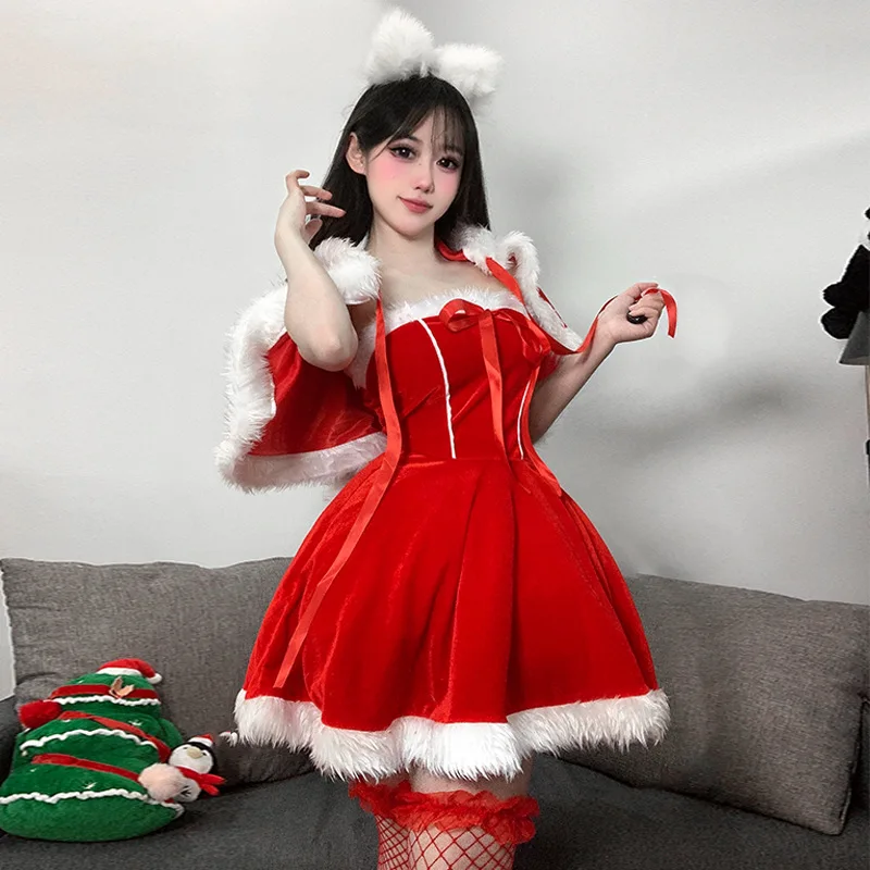 

Christmas Dress New Christmas Costume Internet Famous Sweet Set Cute Stage Set Christmas Party Dress Cute Shawl 4 Pcs Set