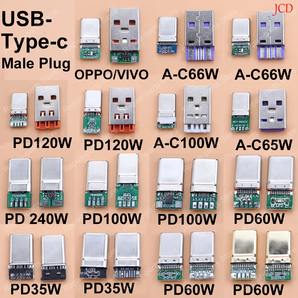 2PCS Fast Charging Type-C USB Male Connector Welding 4Pin 5Pin PCB Board Type A Male USB DIY OTG Data Charge Plug PD 60W-240W