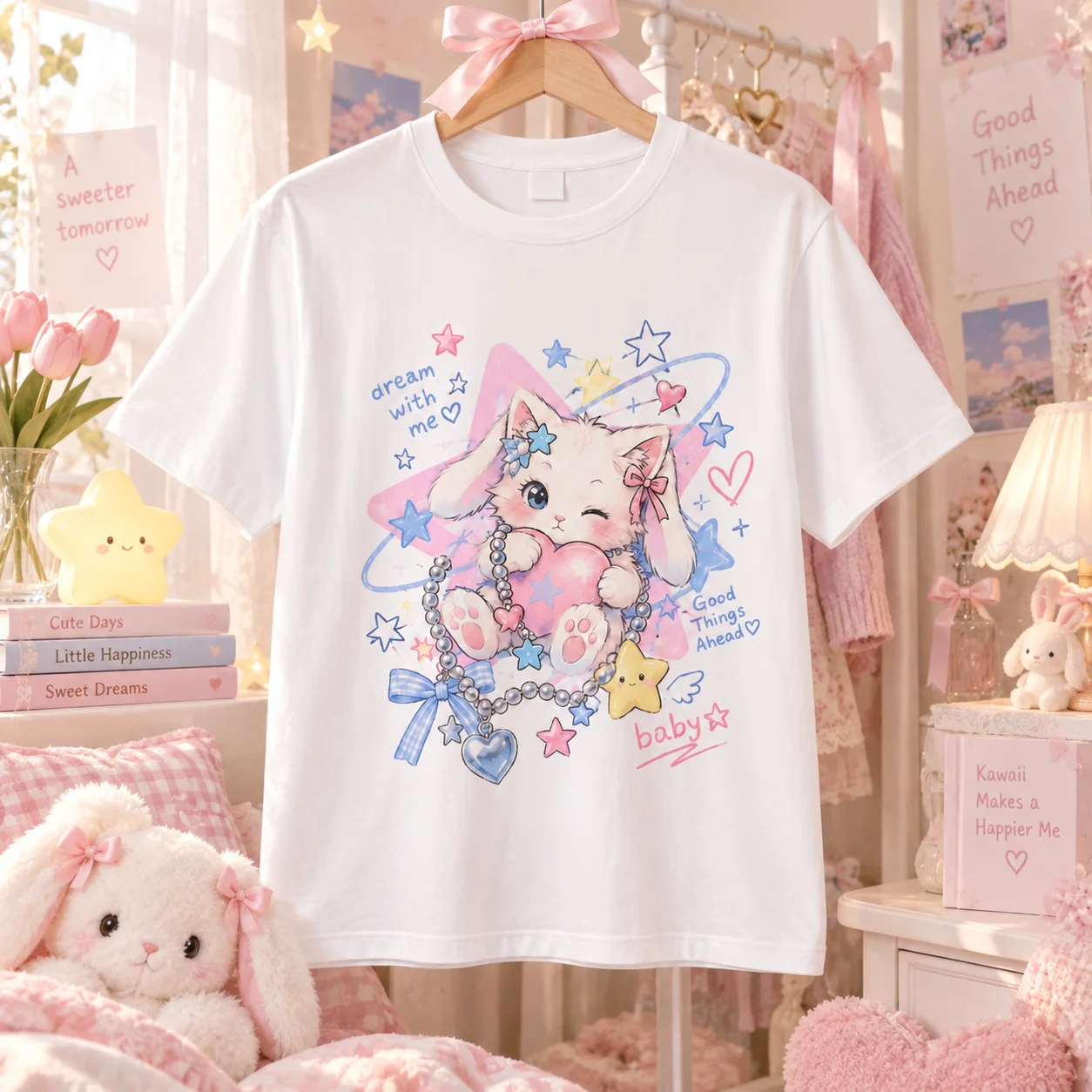 Women T Shirt Oversized Fit Crew Neck Short Sleeve 100% Cotton Cute Kawaii Cat Star Heart Graphic Y2K Casual Streetwear