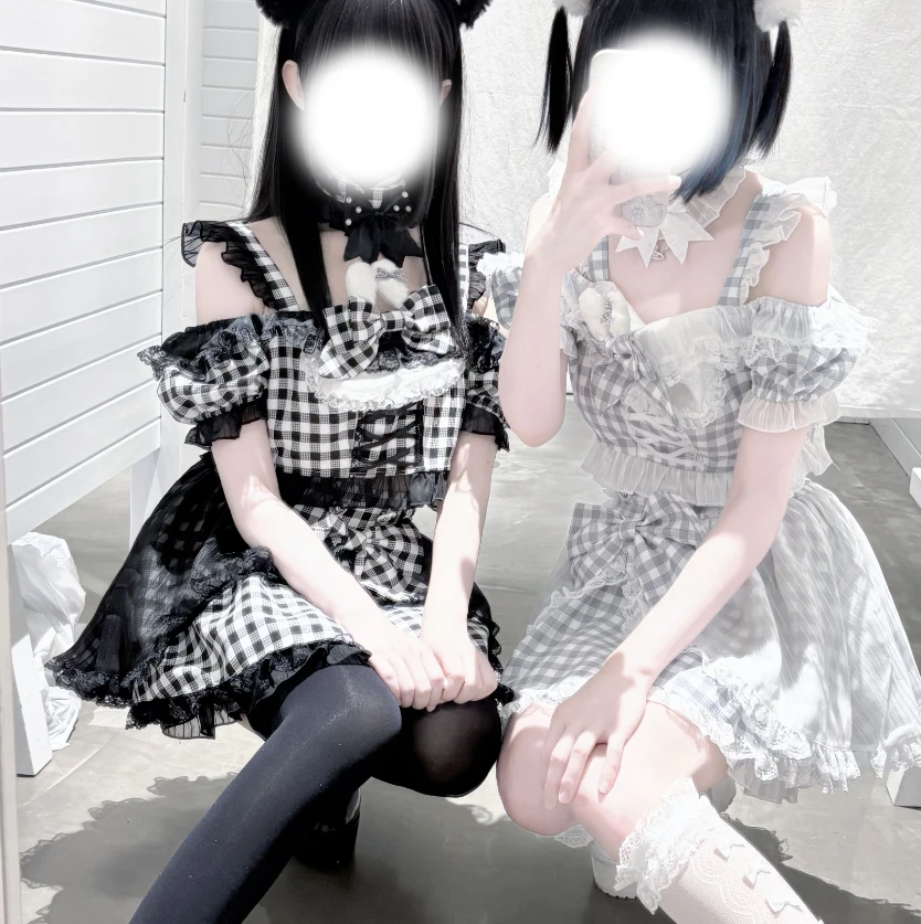 

Original Mass-Produced Lace Plaid Outfit Set Stage Costume Cute Girl Women's Bow Off Shoulder Top Mini Skirt 2 Piece Set
