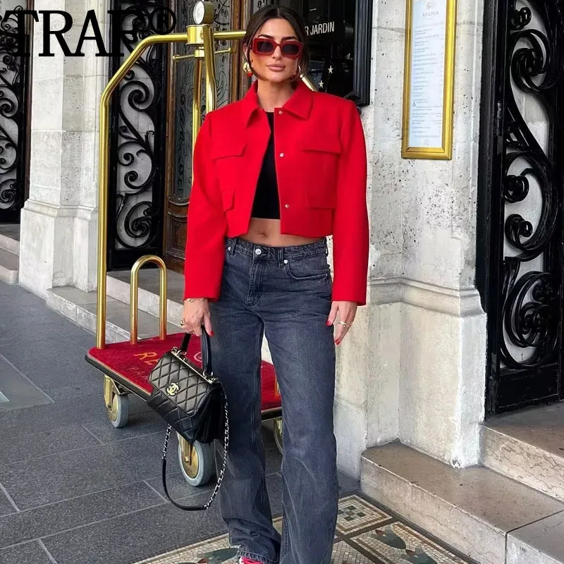 TRAF Cropped Jacket Woman Office Wear Red Blazer For Women Elegant Stylish Long Sleeve New In Jackets Fashion Short Blazer