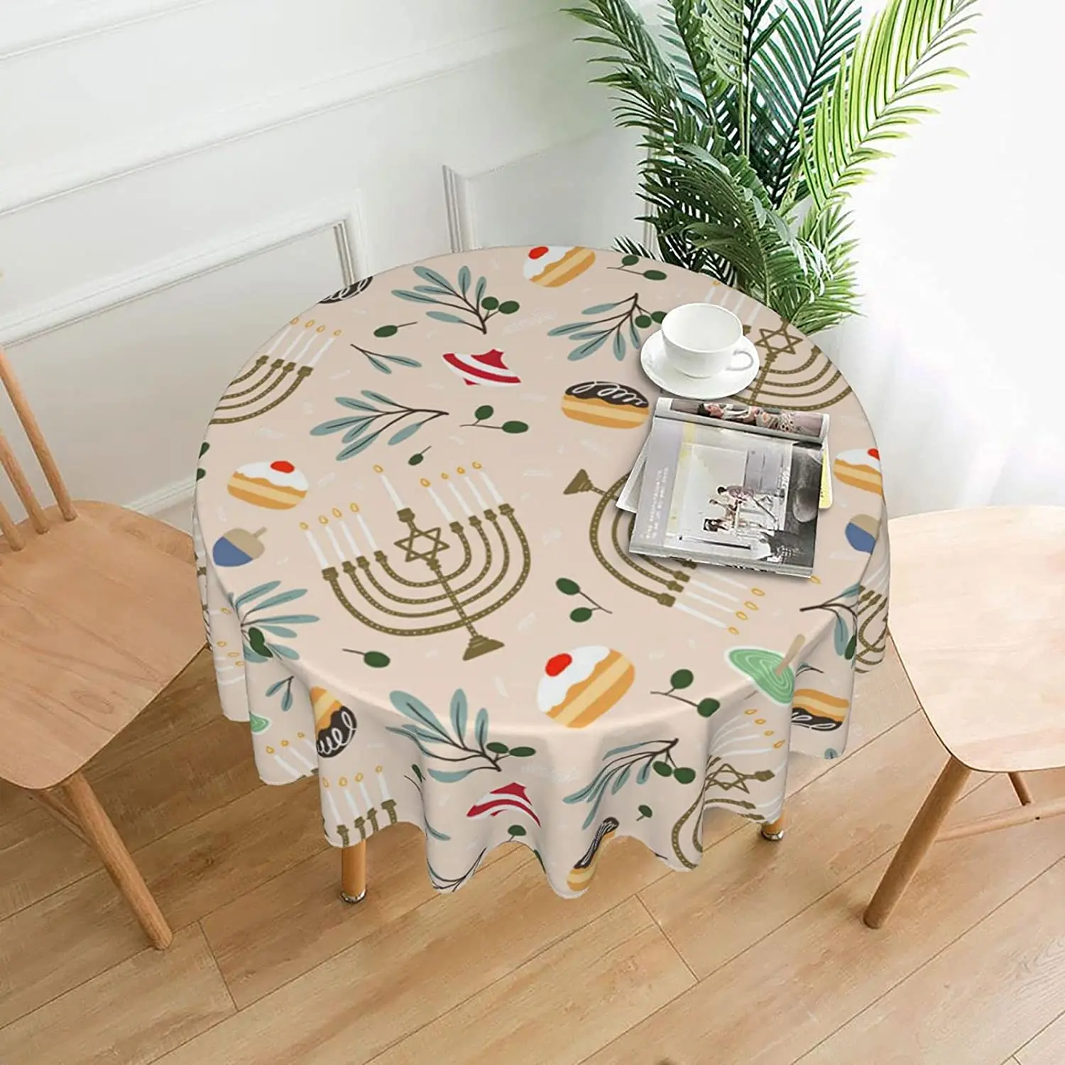 Happy Hanukkah Festival Light Round Tablecloth 60Inch Water Resistant Spill Proof Washable Table Cloth Decorative Table Cover