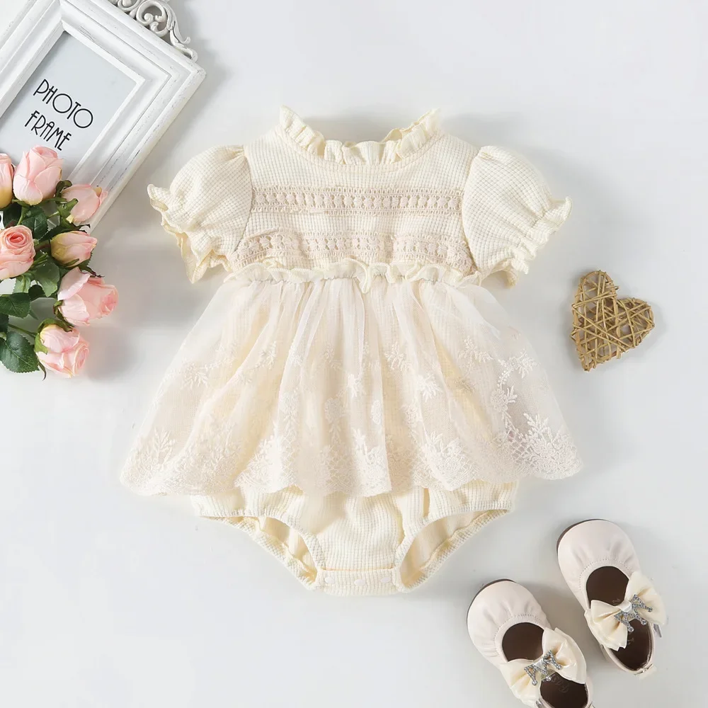 2026 New Summer Solid Princess Baby Girl Tutu Skirt Style Bodysuit Infant Waffle One Piece Lace Party Outfit Play Suit Romper