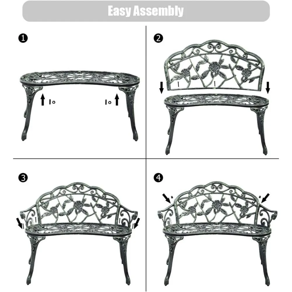 Outdoor Garden Bench Iron Patio Benches for Outdoors, Porch Bench Chair with Curved Legs Cast Aluminum Rose Antique Style