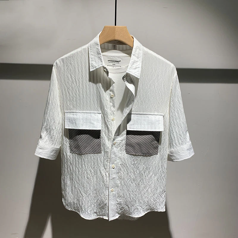 

Retro Contrasting Color Pocket Spliced lapel Shirt Men's Vertical Striped Summer Niche Design Thin Casual Loose Top