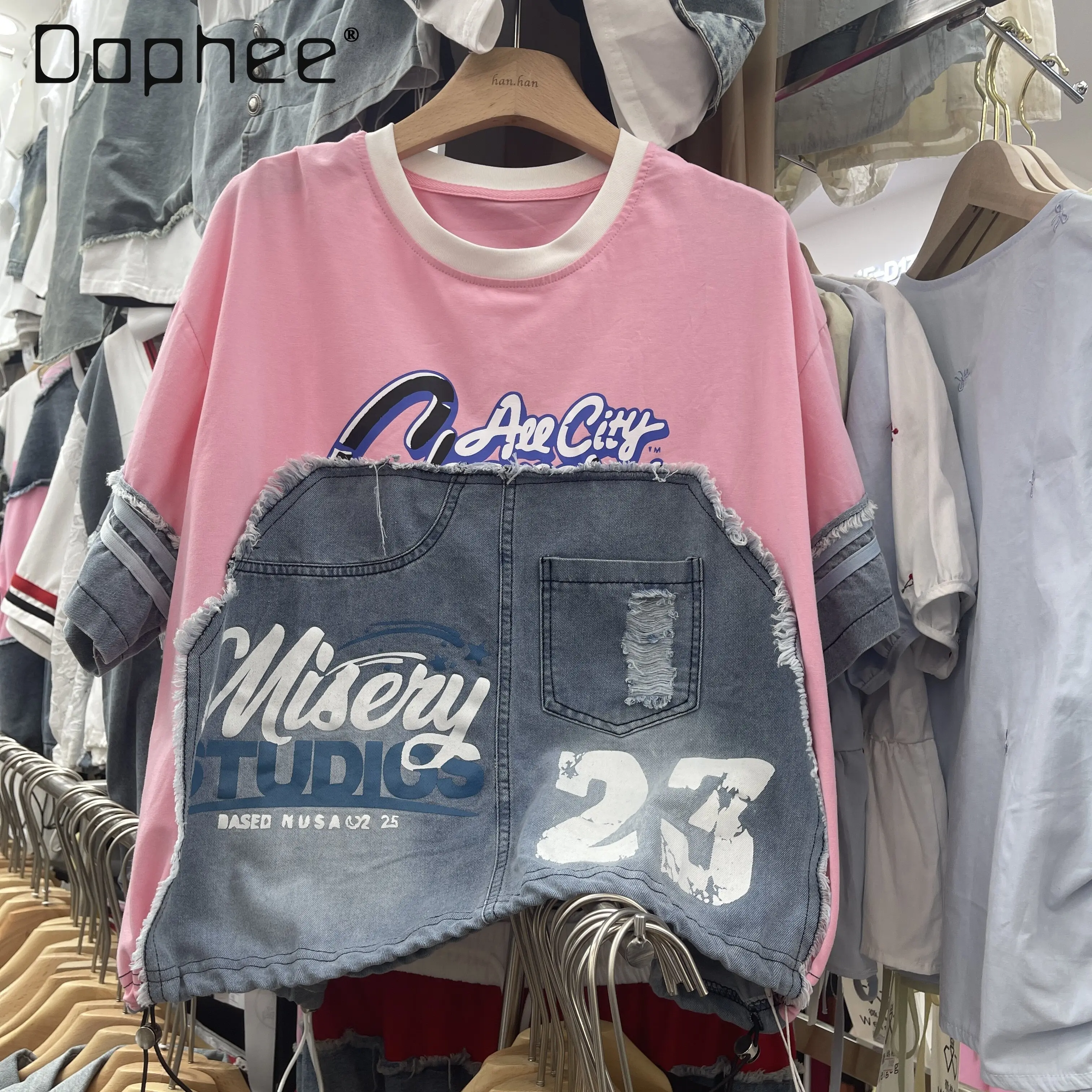 

European T-shirt Women's 2026 Summer New Personalized Denim Splicing Pocket Labeling Cartoon Alphabet Top