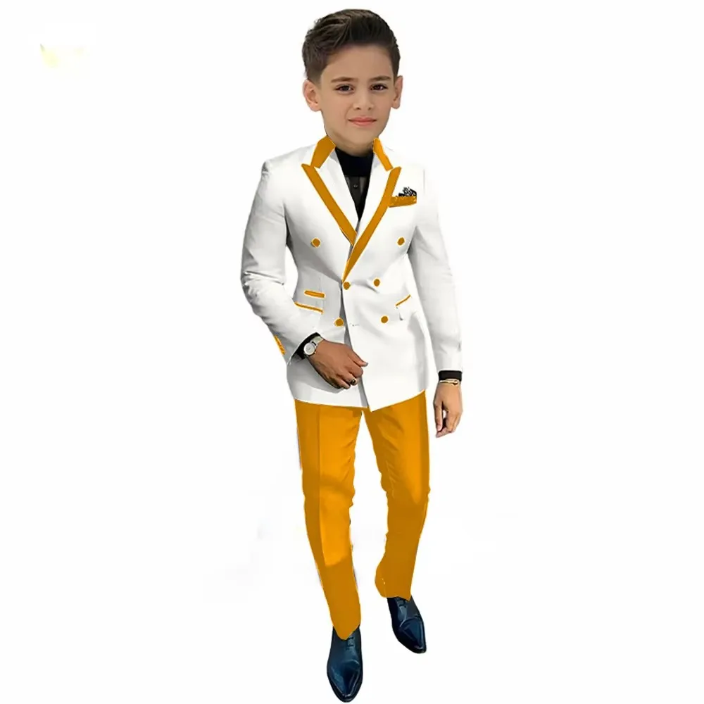 Fashion Boy's Tuxedo 2-Piece Set Jacket Pants Double Breasted Kids Party Suit for Piano Contest Performance Wedding Outfit