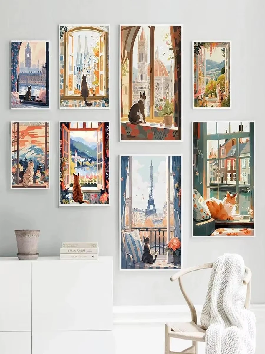 1pc frameless Canvas Painting Charming Cat Landscape Wall Art Prints Canvas Paintings of Florence Mount Fuji Paris Greece Travel
