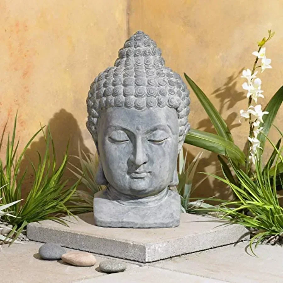 Outdoor meditating Buddha head statue, resin, gray, weather-resistant finish, 18 1/2 inches high