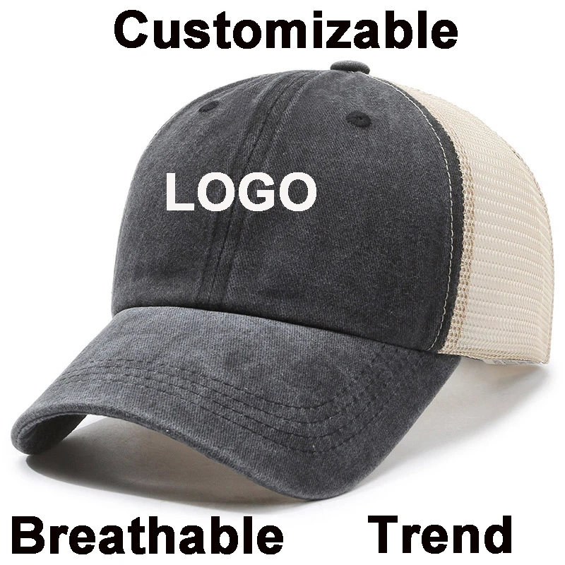 Customizable Mesh Baseball Cap Breathable Custom Logo Trucker Hat Washed Cotton Adjustable Dad Hat