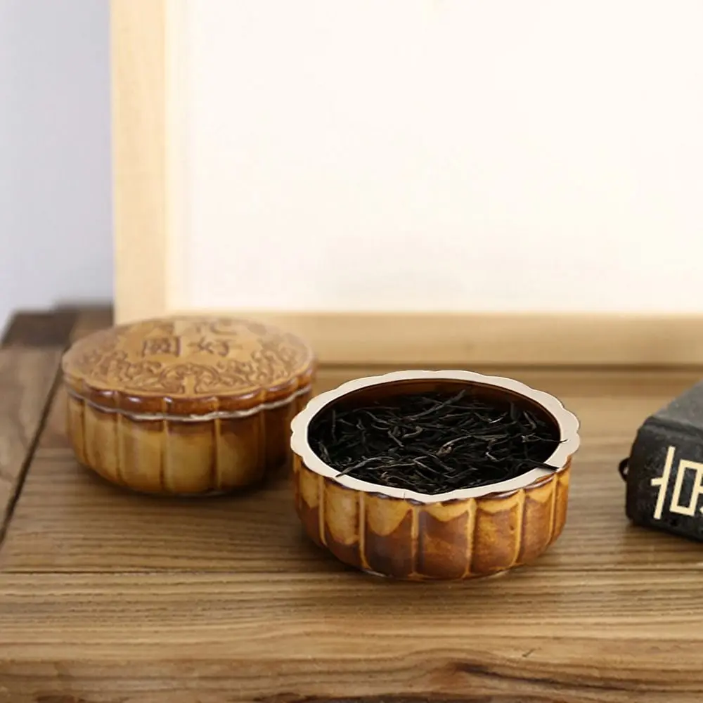 Ceramic Tea Storage Container Round Simulation Mooncake Shape Tea Jar Antique Sealed Small Storage Box Mid-Autumn Festival