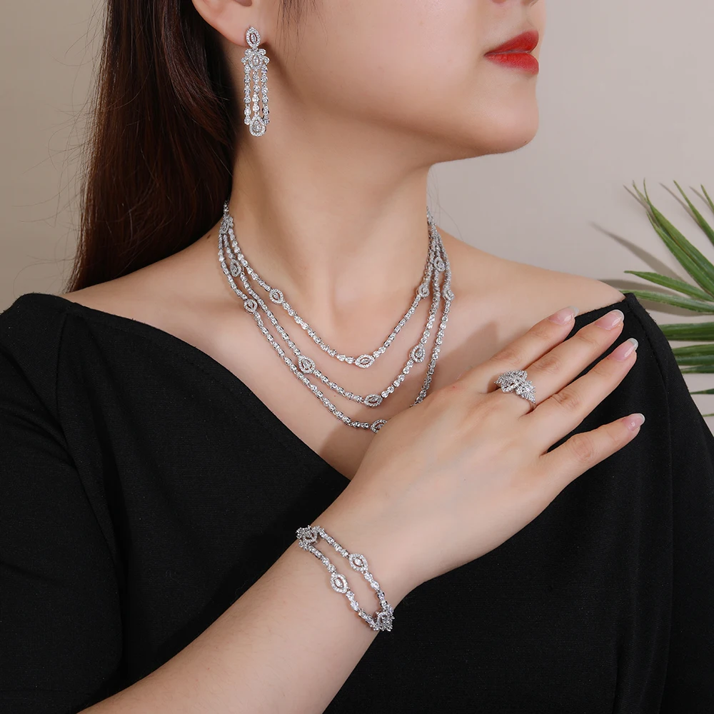 Three Layers Luxury Indian Long Necklace Earring For Women Engagement Party Cubic Zircon Crystal Dubai Bridal Jewelry Sets 4pcs