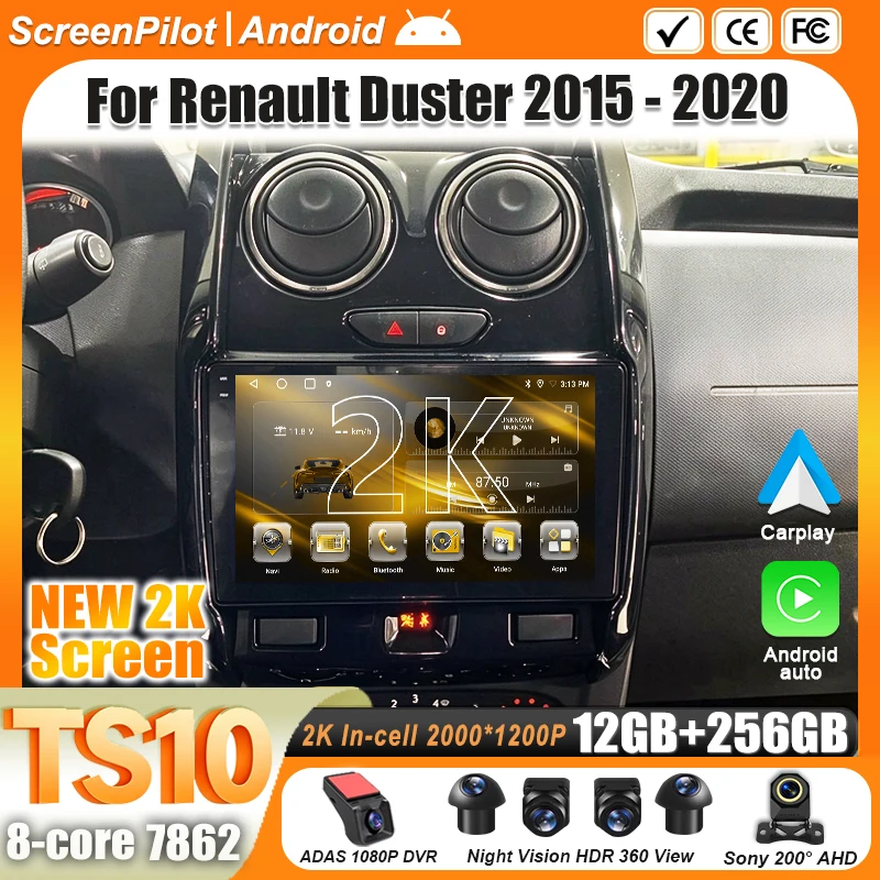 Android 16 For Renault Duster 2015 2016 2017-2020 Car Radio Multimedia Video Player Touch Screen Carplay 2 din Wifi 5G 8 Core