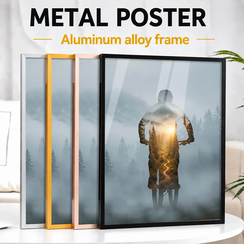 Mountain Biker Framed Metal Poster Customized Double Exposure Wall Art For Home Gym And Cycling Studio, Bike Enthusiast Gift