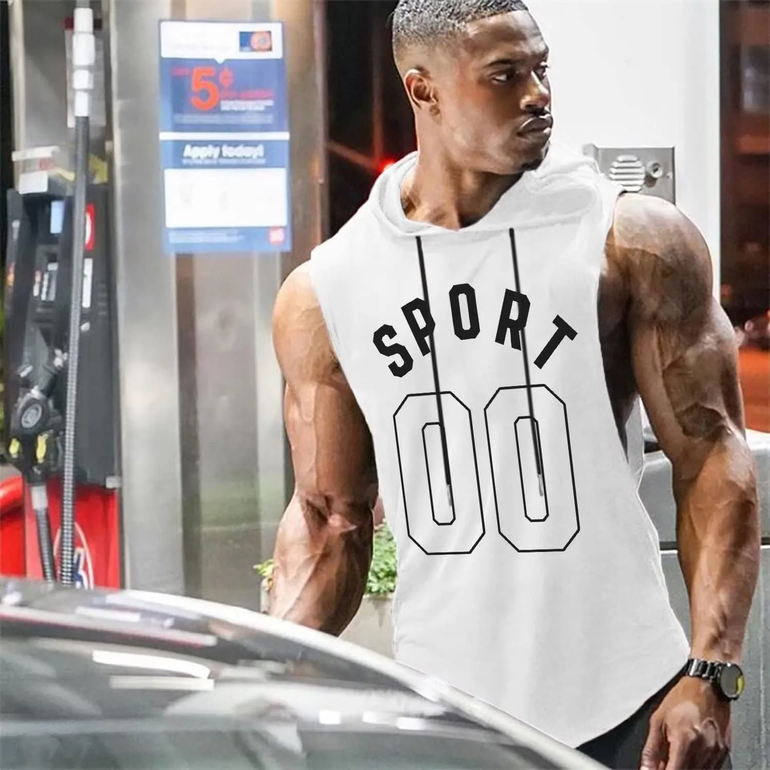 Men's Summer Printed Letter Breathable Quick Dry Sleeveless Drawstring Vest Versatile Top Polyester Material Hooded Style