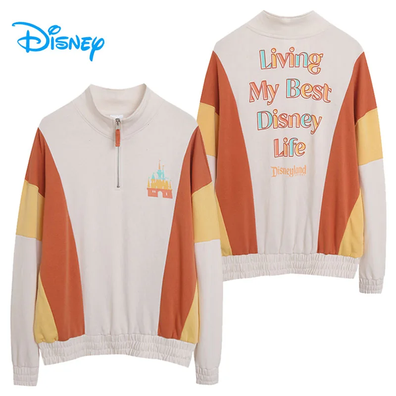 Disney Castle Letter Print Stand Collar Zip Sweatshirt Contrast Color Patchwork Women Casual Fleece Pullover Tops Loose Jumper