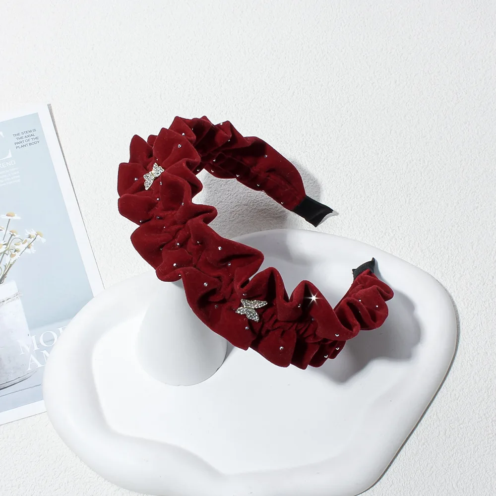 Velvet Butterfly Dot Diamond Headband for Women Ins High-end Hair Accessories High Cranial Top Pressure Headband