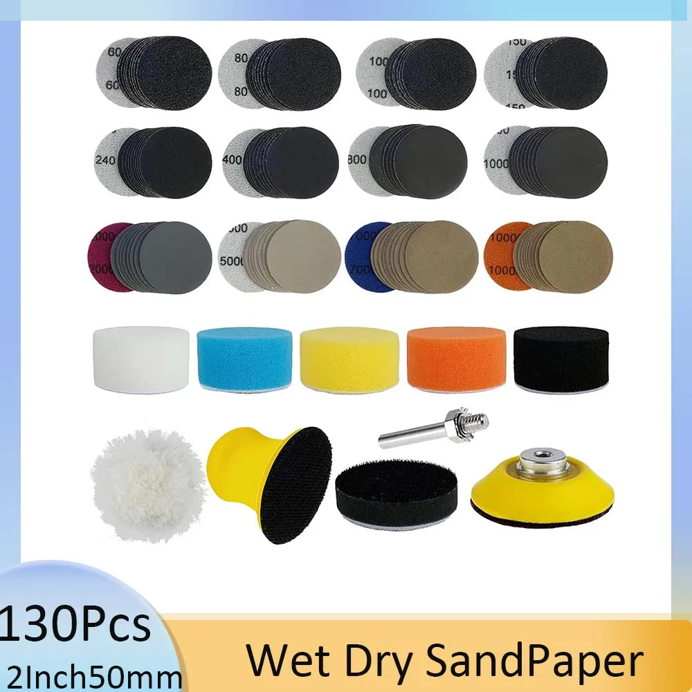 130 PCS 2 Inch Sanding Discs Hook& Loop 60 to 10000 Grit Wet Dry Sandpaper with Backing Pad for Wood Car Grinder Rotary Tools