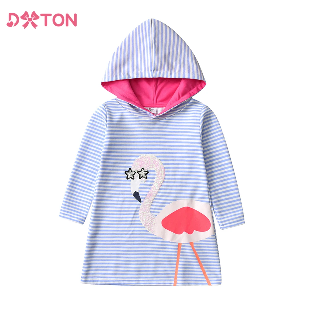 

DXTON Children Winter Hooded Dress For Girls Flamingo Applique Casual Kids Hoodies Dresses Striped Cotton Toddler Vestidos 3-12Y