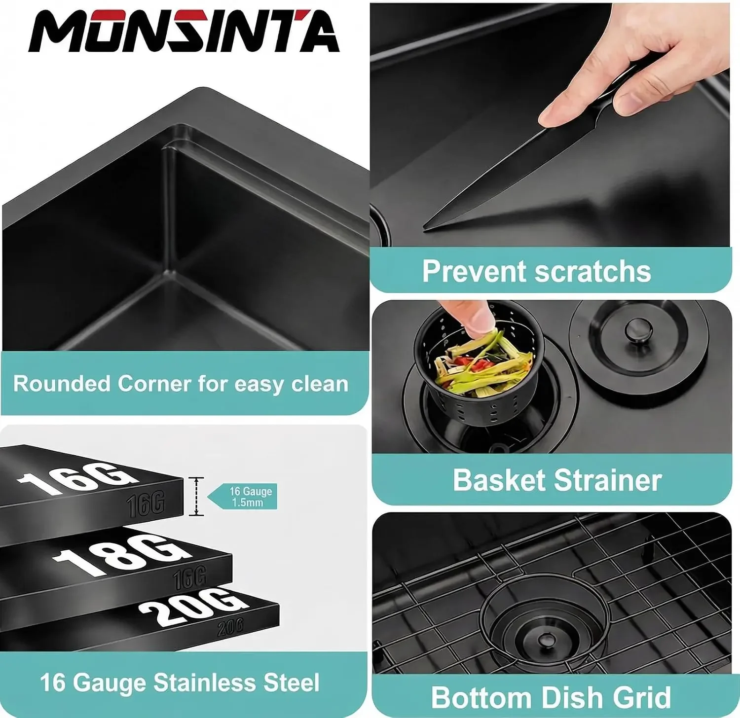 33x22 Black Kitchen Sink, 16 Gauge Stainless Steel Drop In Workstation Sink | 9" Deep Single Bowl Top Mount Sink with Handmade D view 4