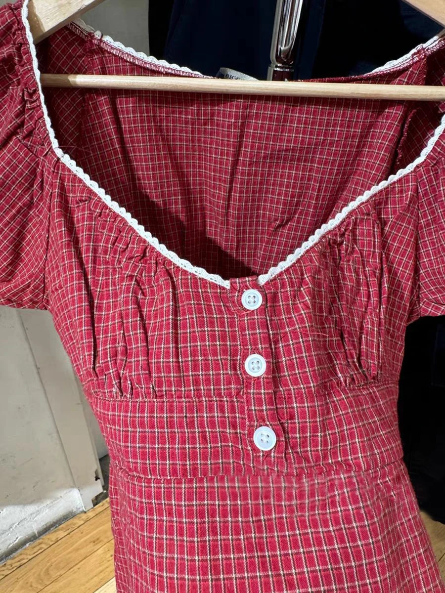 Red Plaid Lace Trim T-Shirt Blouse Women Three Buttons Square Neck Short Puff Sleeve Cotton Tshirt Summer Sweet Crop Tops Y2k