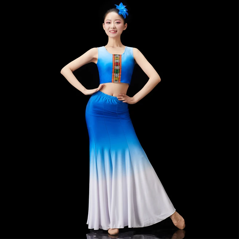 Long Mermaid Peacock Dance Costume Dress Chinese Traditional Minority Dai Dance Female Classical Fishtail Dress Performance