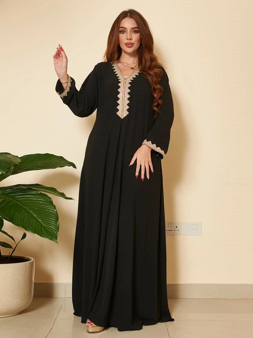 Abaya Muslim Woman Dress Elegant V-Neck Long Sleeve Maxi Party Wedding Gowns Vintage Islamic Loose Robe Kaftan One Piece Set