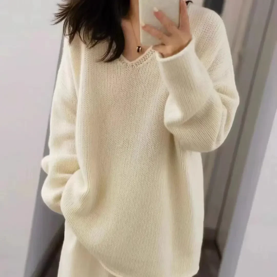 WinvyNee Women Wool White Sweater Big V Neck Casual Loose Outerwears Warm Knitted Pullovers Clothing Oversize Autumn A1283004