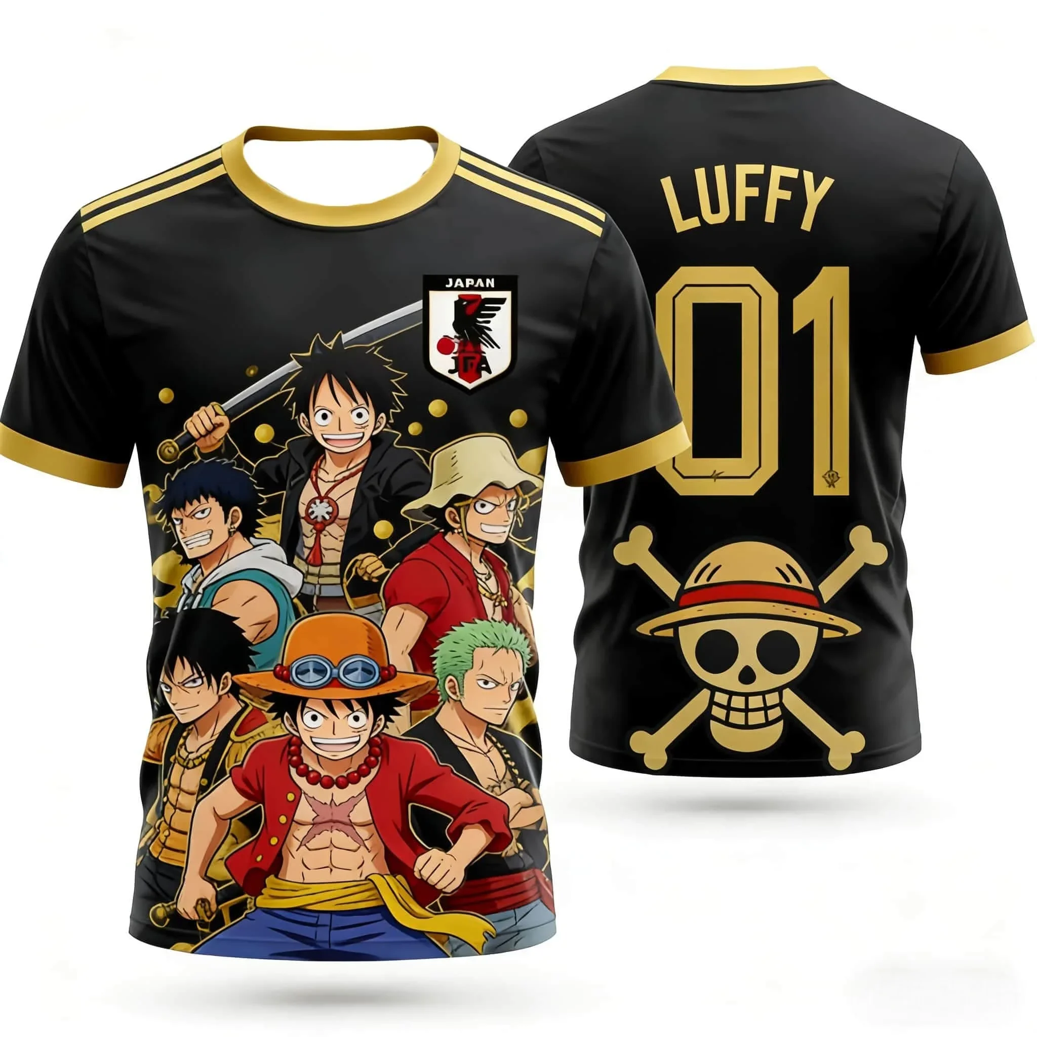 One Piece Équipe nationale japonaise Luffy # T-shirt de football 01, pour hommes et femmes, à séchage rapide, respirant, streetwear pour fans de football, style anime