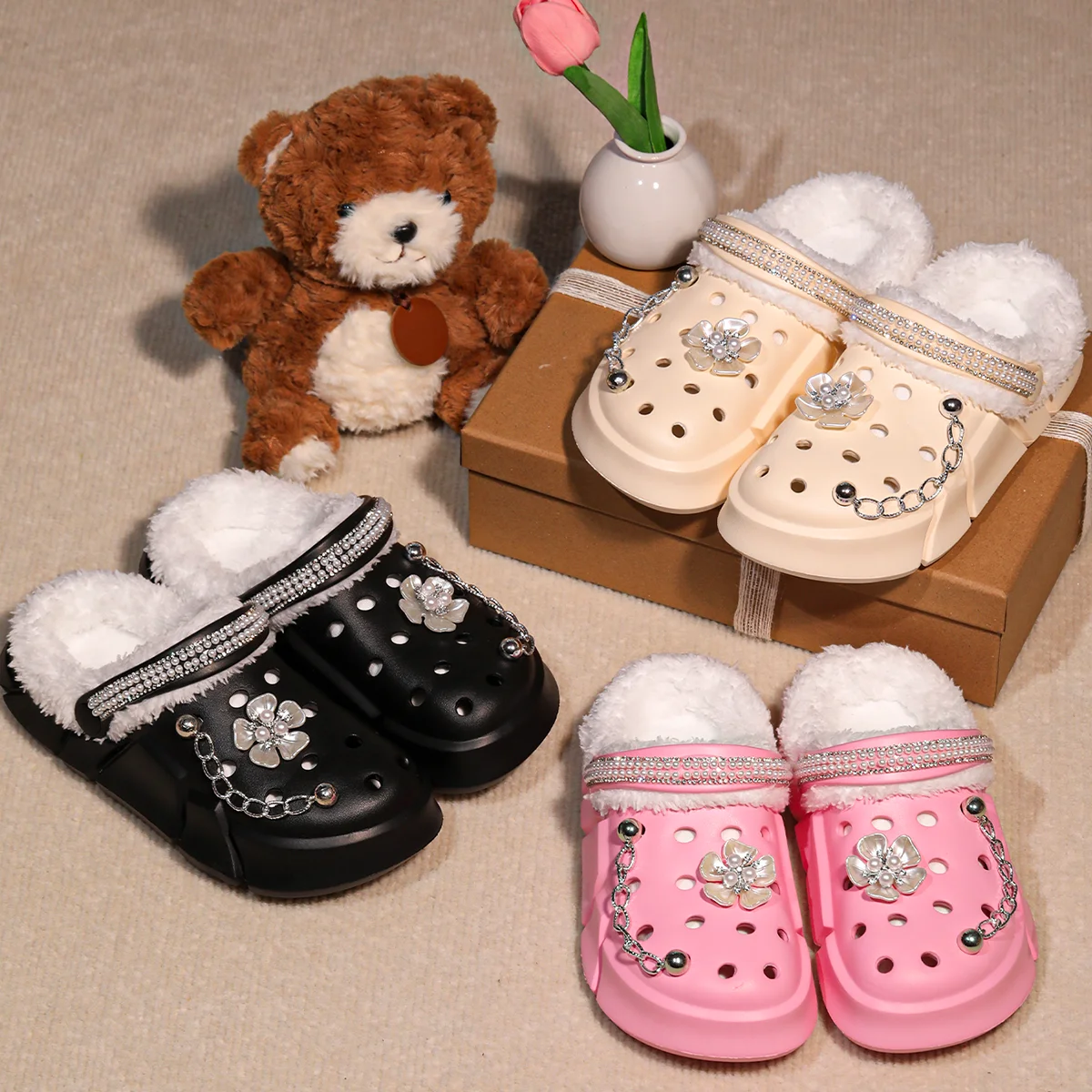 Kids Cotton Lined Clogs and Mules, Fur Lined EVA Garden Shoes, Non-Slip Winter Warm House Slippers for Boys Girls 3057
