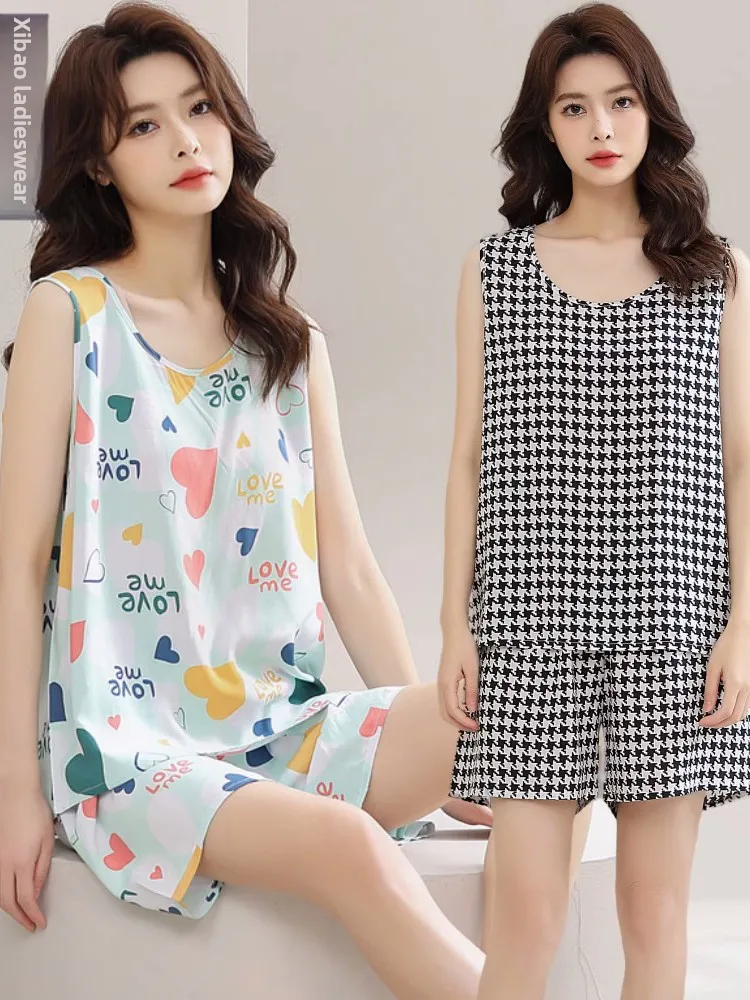 

Summer Cotton Silk Women's Spwear Svel Vest Set Cute Cartoon Print Loose Home Clothes Thin Outerwear for Ladies