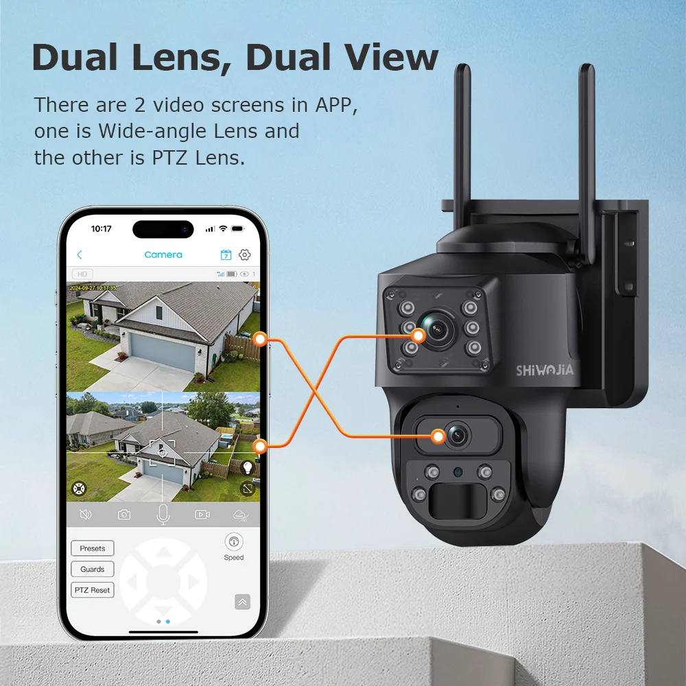 SHIWOJIA 6MP Solar 4G Dual Lens Camera Dual View 12X PTZ PIR Auto Tracking Two-way Audio IP65 Outdoor Wireless Security CCTV Cam