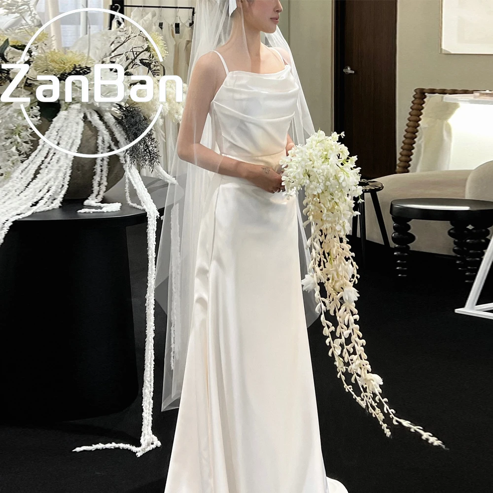 ZanBan 2026 Simple Korean Lvory Soft Satin Wedding Dress Spaghetti Straps Pleat Ruched Mermaid Bridal Gown Floor Length 웨딩드레스