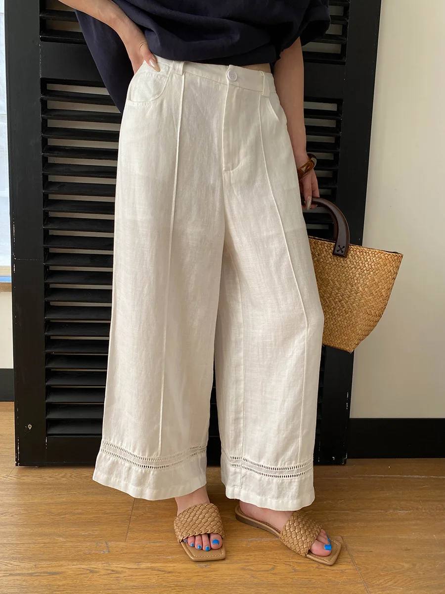 FANAN Women's Summer New Vacation Style Breathable Linen Semi-Elastic High-Waisted Hollowed-Out Fashion Trousers Female