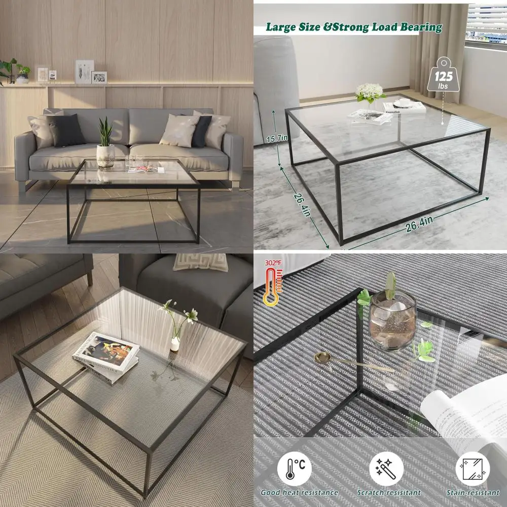 

Modern Minimalist Glass Coffee Table, Living Room Sofa Side Tea Table, Tempered Glass Top with Metal Frame, Easy Assembly, 26.4x