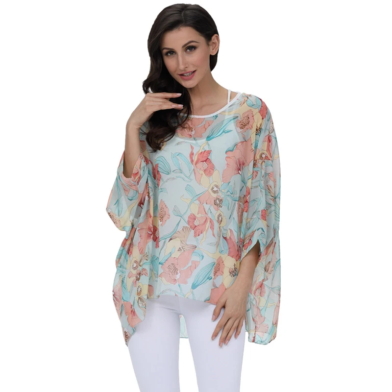 BHflutter New 2018 Women Blouse Shirt Boho Style Fashion Floral Print Chiffon Tops Tees Casual Batwing Summer Blouses Blusas