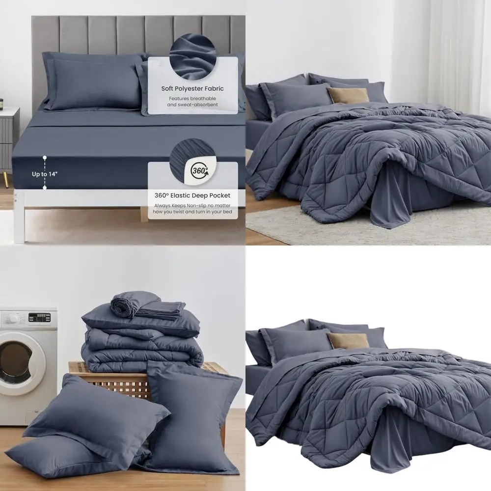 

Navy Blue 7-Piece California King Bedding Set: Comforter, Flat Sheet, Fitted Sheet, Pillowcases & Shams