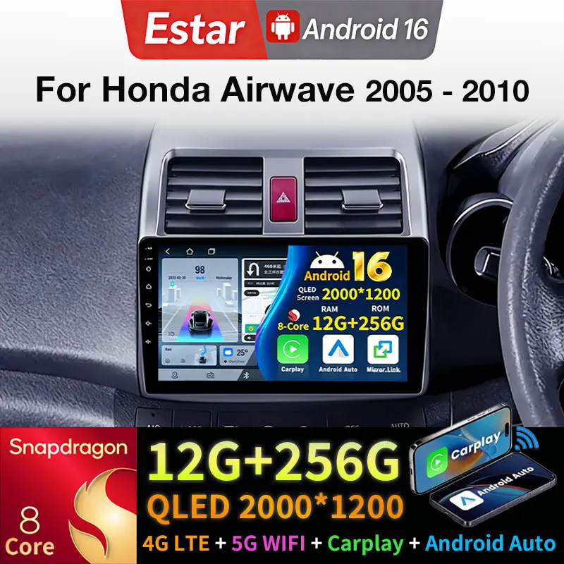 Android 16 Car Radio For Honda Airwave 2005 - 2010 GPS Multimedia Player Navi Head Unit Wireless Carplay Stereo Video 360 Camera