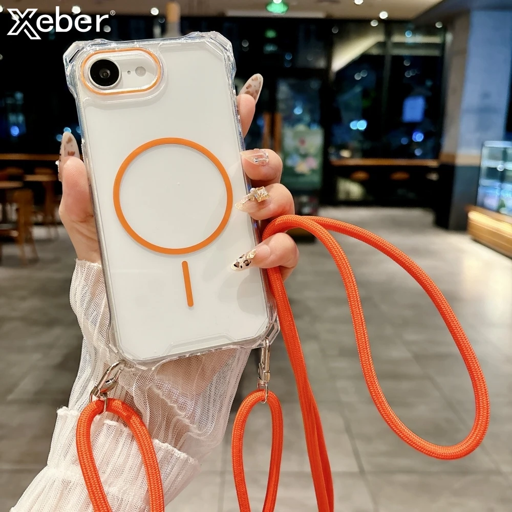 Crossboby Lanyard magnetische transparente Hülle für iPhone 16E 16 15 14 Plus 13 12 Pro Max Halskette Schnur Seil für Magsafe Hard Cover