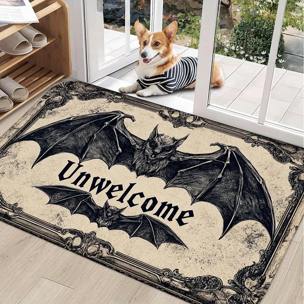 

VIKAMA Dark Style Unwelcome Welcome Mat Gothic Bat Pattern Non-Slip Doormat Entrance Halloween Theme Decoration
