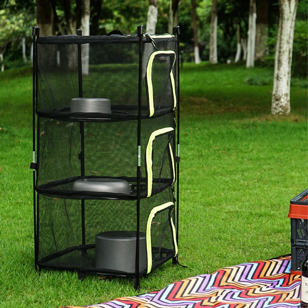 Outdoor Folding Sun Screen Four Tier Storage Basket Storage Basket Camping Mesh Cabinet