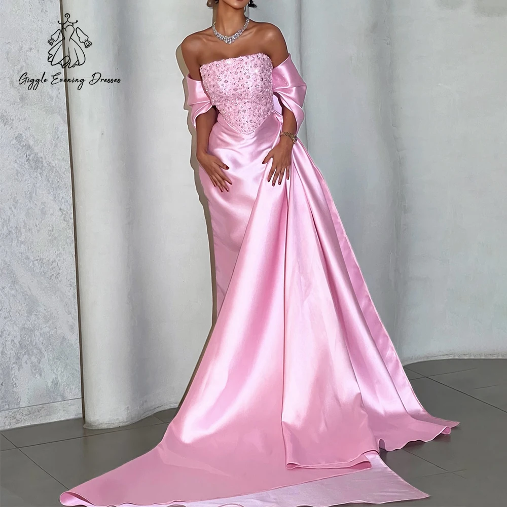 Gorgeous Pink Off-Shoulder Satin Prom Dresses Cape Short Sleeves Pleated Luxury Crystals Evening Dresses for Woman Customized