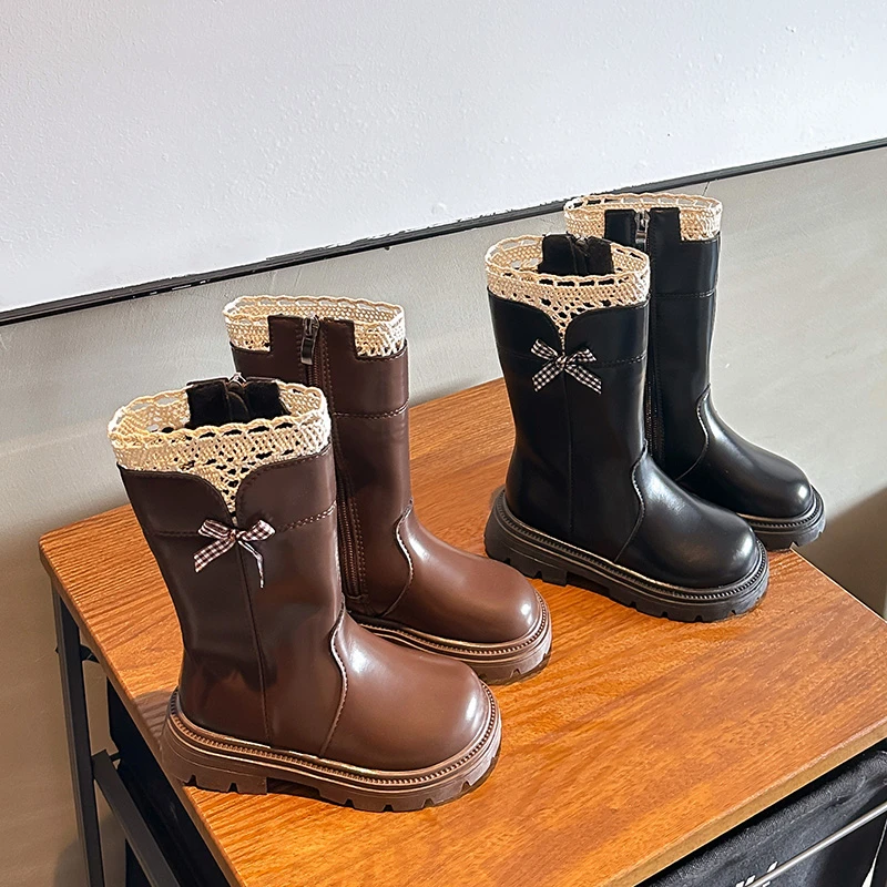 

Сапоги до середины икры для девочек, универсальные детские кожаные ботинки в корейском стиле, милые кружевные ботинки, осень-зима 202, детские сапоги принцессы на боковой молнии