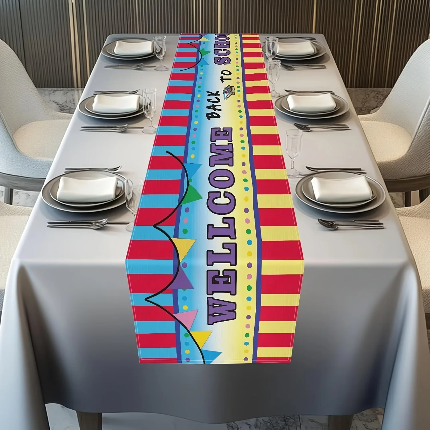 1 Piece of Vibrant Welcome Design with Colorful Stripes, Flag Table Runner, Suitable for Farmhouse, Indoor, Kitchen, Celebrations, Table Decoration, Restaurant, and Banquet Decoration Supplies