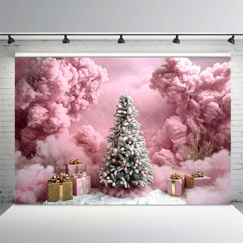 Mehofond Photography Background Christmas Tree Pink Spherical Ornament Exquisite Gift Bow Kids Family Portrait Backdrop Decor