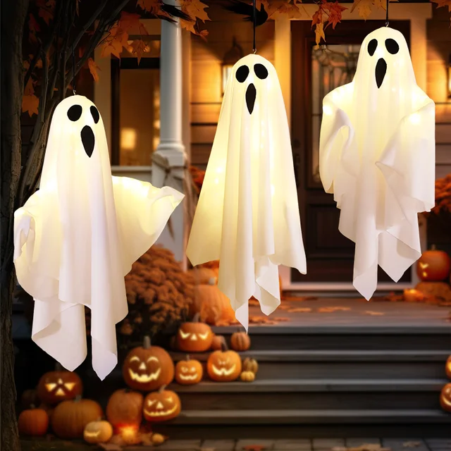 Halloween brilhante branco fantasma led pendurado fantasmas adereços de terror com luz de fadas interior ao ar livre casa assombrada decoração de halloween