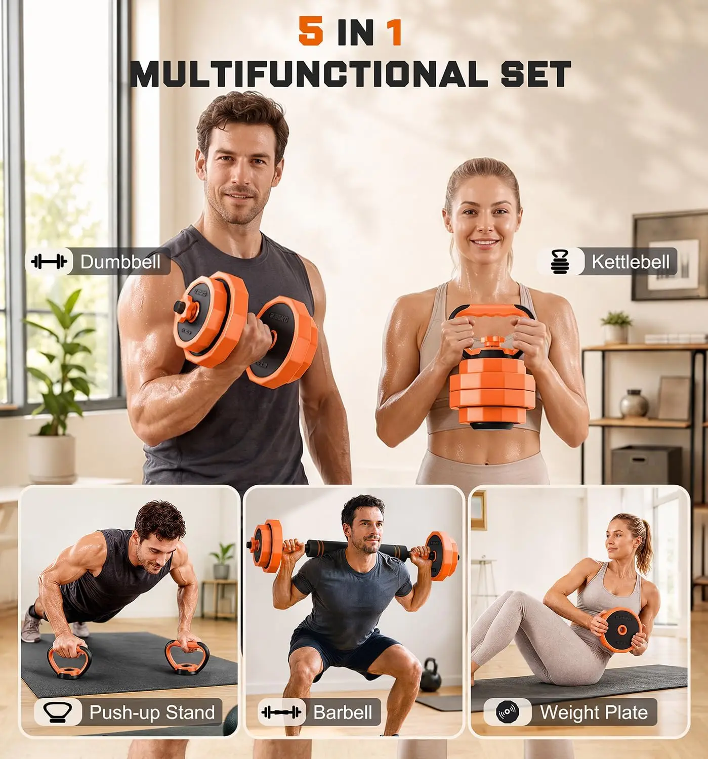 Space-Saving 5-in-1 Adjustable Dumbbell Set Including Barbell Connector, Free Weights for Home Gym Full-Body Strength Training
