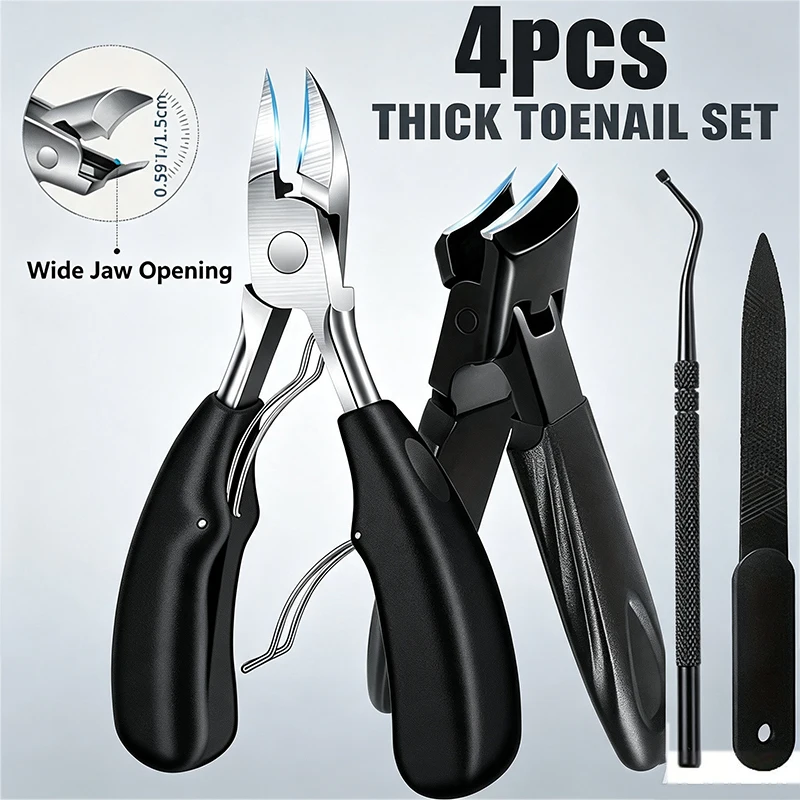 4Pcs Wide Jaw Thick Toenail Clipper Kit Ingrown Nail Trimmer Pedicure Foot Care Manicure Tools